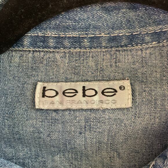 BEBE Shirt Medium Vintage Denim Pearl Snap Chest Pockets 3 Snap Cuff Western - Picture 10 of 13